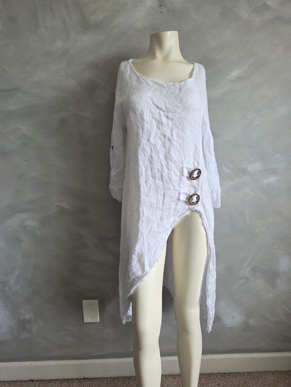 Venti6 Italy White 100% Linen Asymmetrical Button Tunic Dress M Lagenlook
